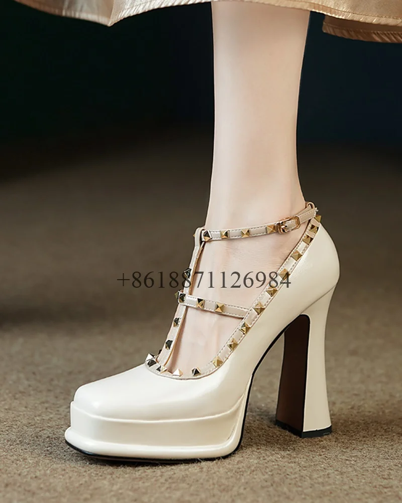 

Black And White Genuine Leather Platform Women Pumps Shoes With Rivet Chunky Super High Heels Buckle Strap Design Party Shoes