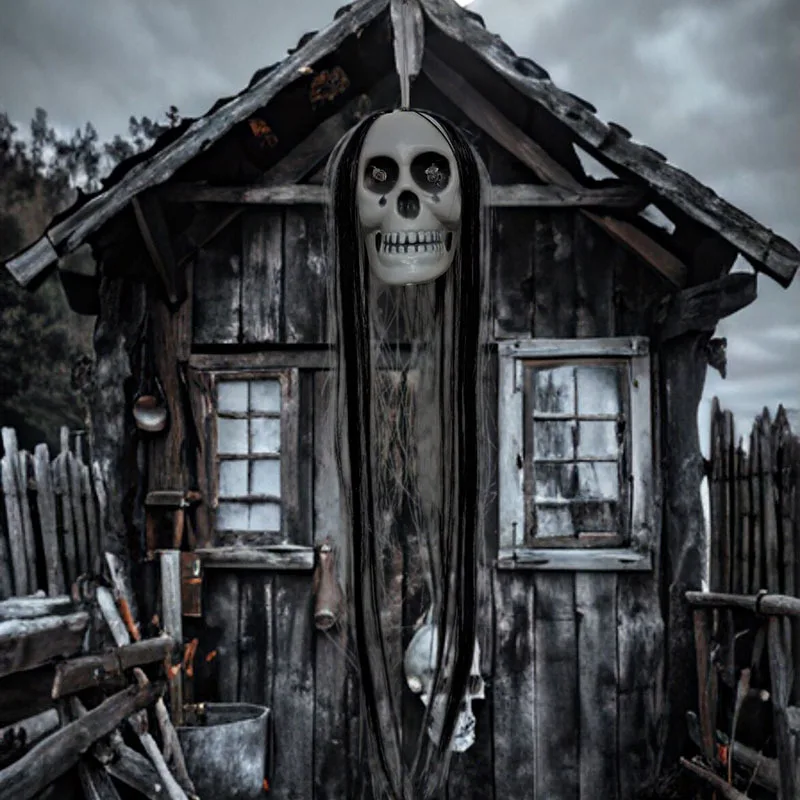 Halloween Hanging Ghost Decor with Glowing Eyes - Long Hair Skeleton Scary Prop for Haunted House & Bar Party Decoration