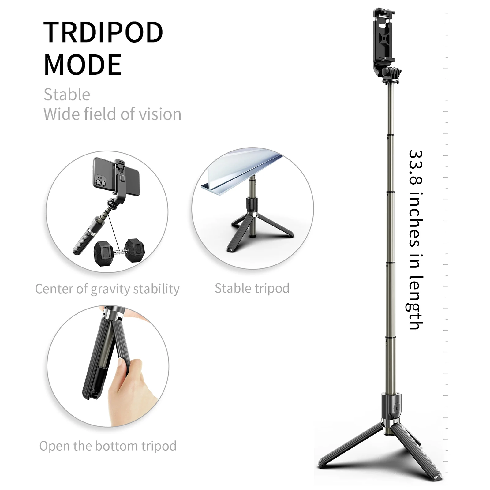 33.8in Selfie Stick Gimbal Stabilizer 5-Section Rod with Phone Clip Detachable Remote Control for Android 4.4/ iOS 5.1 System