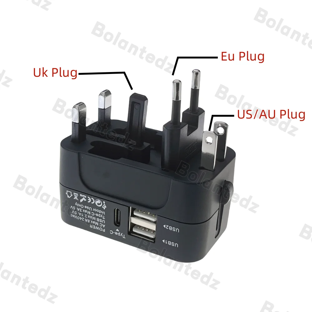 All in One Universal International Plug Adapter 2 USB Port 1 Type C World Travel AC Power Charger Adapter AU US UK EU Converter Plug Adapter