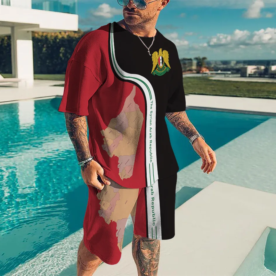 New summer men's sportswear men's logo clothing geometric print T-shirt + shorts suit men's