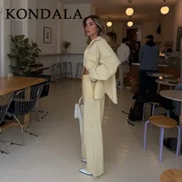 KONDALA 2026 Spring Summer Casual Butter Yellow Striped Women Suit Fashion Vintage Turn Down Collar Loose Shirt Drawstring Pant - Image 2
