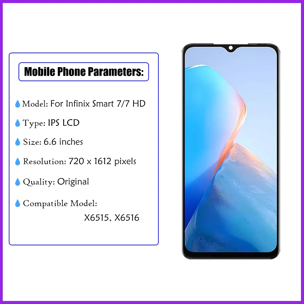 6.6 Infinix Smart 7 X6515 Smart7 HD X6516 LCD 디스플레이 터치 스크린 디지타이저 어셈블리 교체 부품 (프레임 포함)