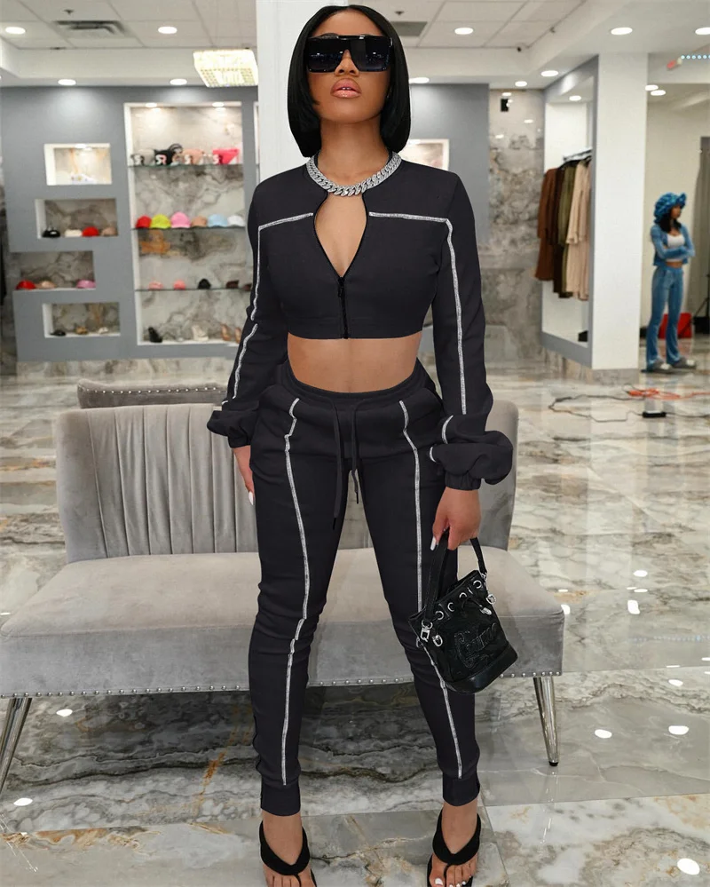 Casual Sporty 2 Piece Suits for Women Lantern Sleeve Zip Jacket Crop Top and Split Pants Sets Striped Streetwear Fitness Outfits