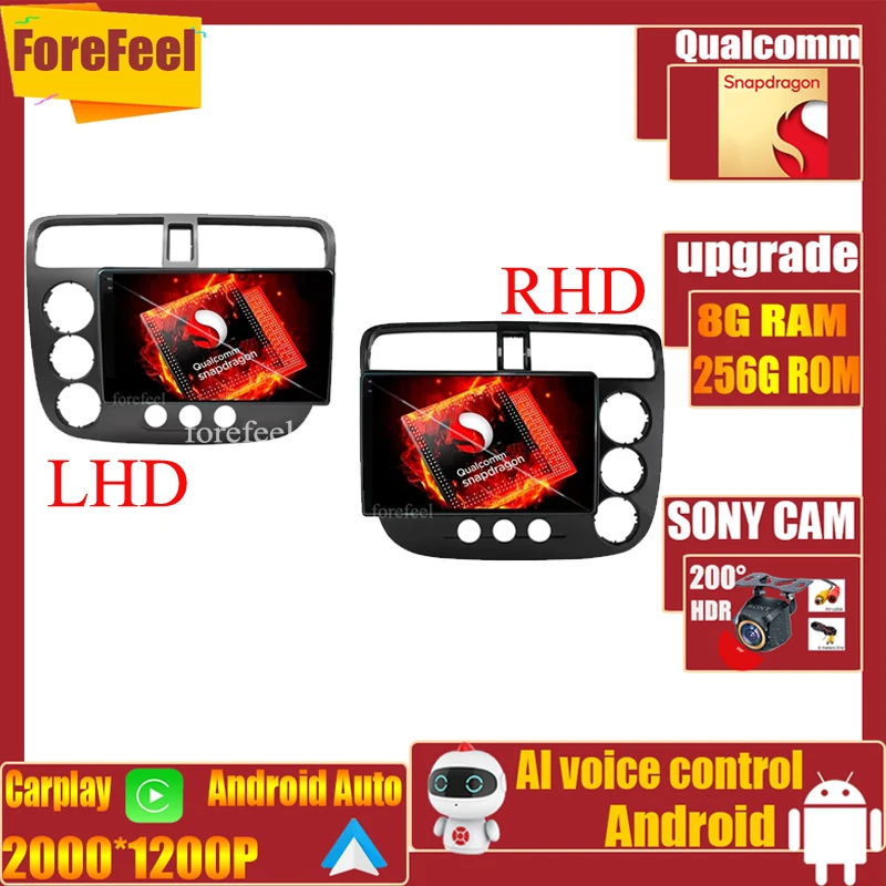 

Qualcomm GPS Video Android 12 For Honda Civic 7 LHD RHD 2000 - 2006 Player Car Radio Multimedia Screen Navigation Bluetooth
