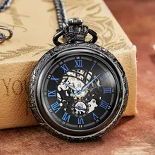 

Vintage Crowns Design Carved Blue Number Dial Mechanical Pocket Watch Men Chain Hollow Steampunk Black Mechanical Watch Clock