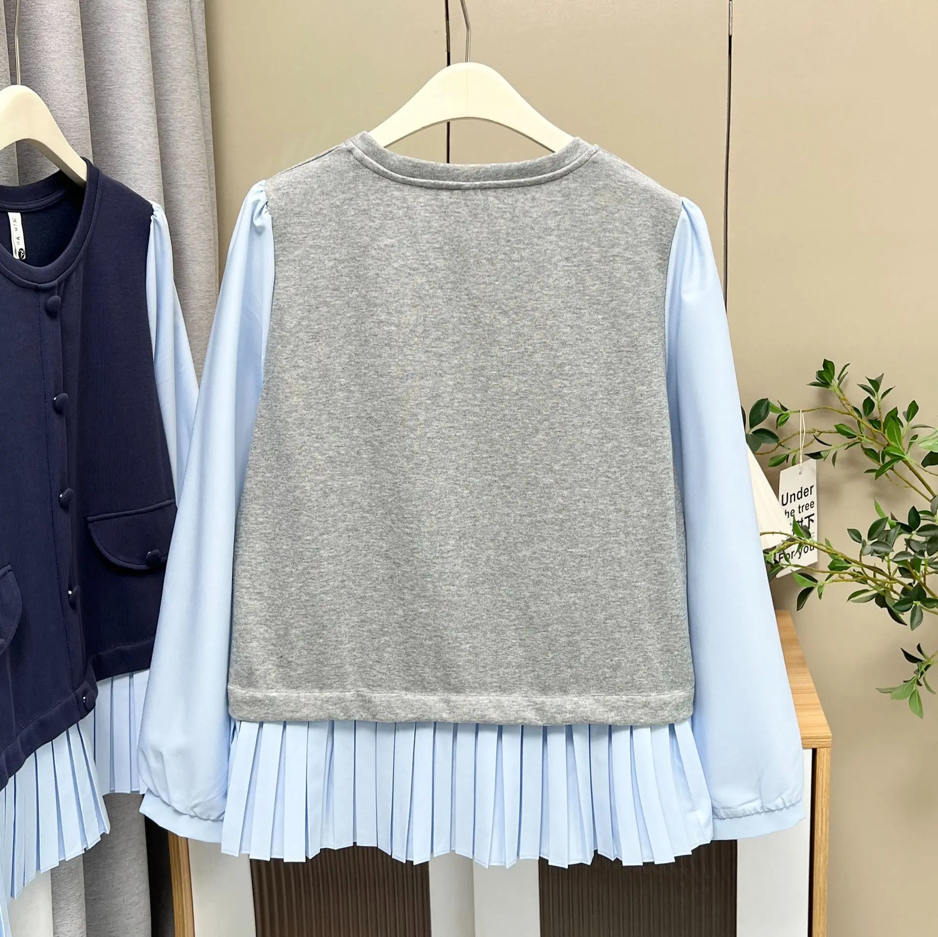 Fashion Plus Size Women's Blouses 2025 Autumn New Korean Style Fold Hem Fake Two Pieces Round Neck Puff Sleeve Tops 2523