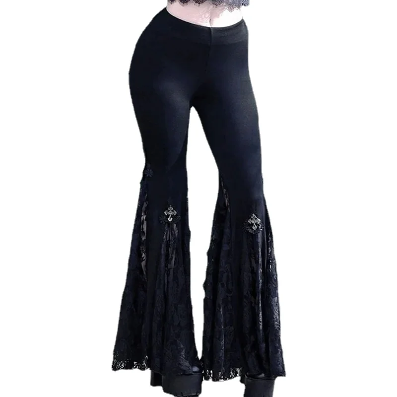 

American style spicy girl autumn sexy slim fit lifting buttocks lace patchwork micro flare pants casual pants black long pants