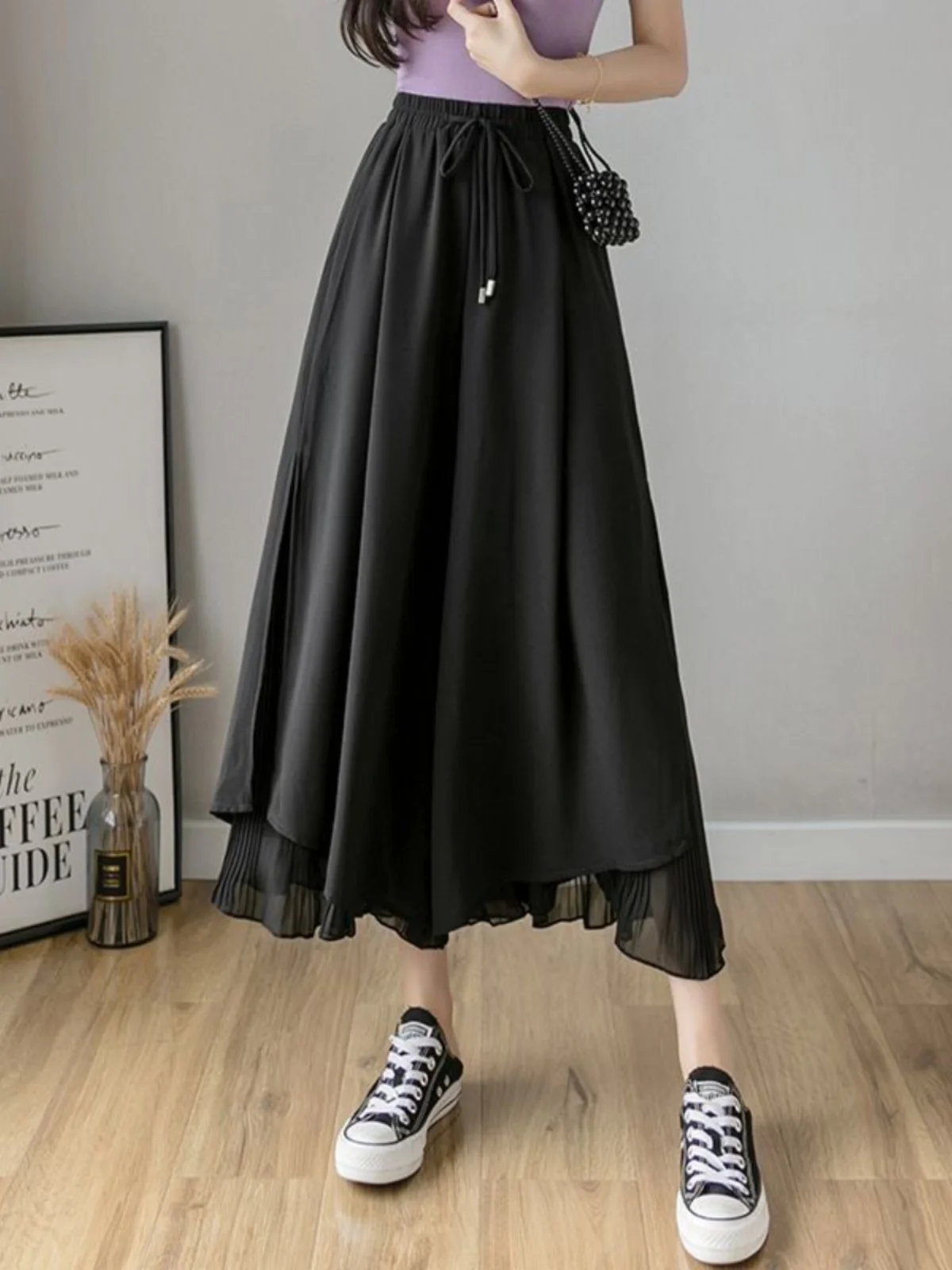 Summer Casual Sle Ice Silk Thin Wide Leg Pants High Waist Nine Points Women's Skirt Pants Long Trousers Korean Version