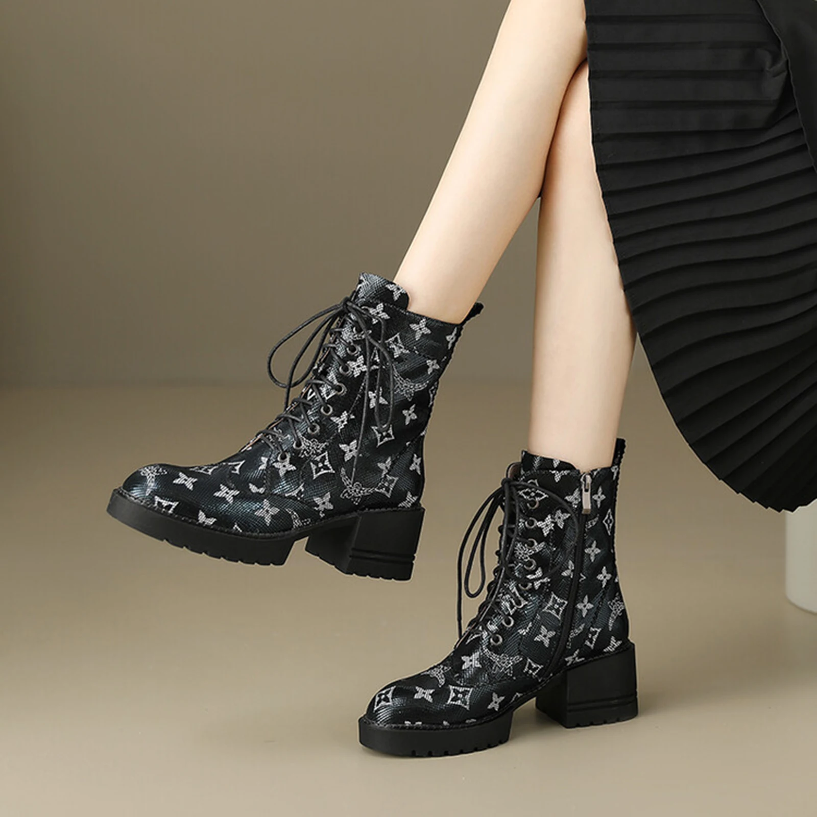 

Shoes Women Boots For Lady Genuine Cow Leather Ankle Low Heels Handmade Retro Style Solid Black Winter Lace-up Riding Flat with