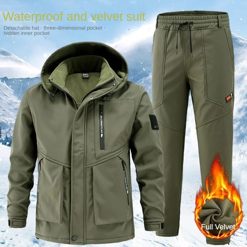 Roupas de trabalho grossas masculinas, isolamento luxuoso, impermeável, elástico, cor sólida, com capuz, conjunto de proteção trabalhista, outono e