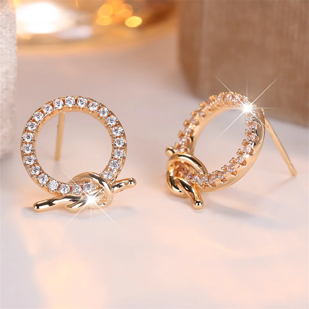 White Zircon Round Stone Earring Geometric Twist Metal Small Stud Earrings For Women Vintage Gold Color Versatile Jewelry Gifts