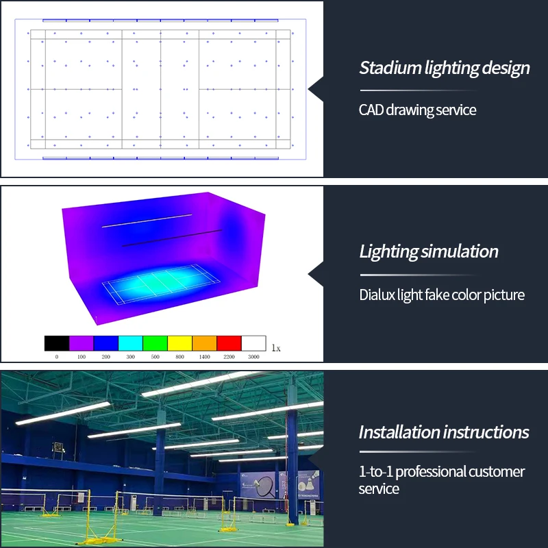 새로운 실내 LED 배드민턴 경기장 조명 LED 배드민턴 코트 조명 눈부심 방지 패들 코트 직사각형 행잉형 선형 조명 (체육관용)