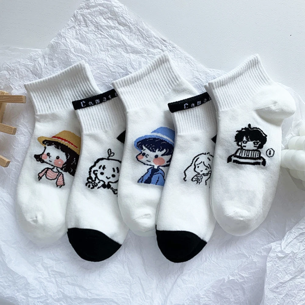 Kawaii Women Cartoon Tube Socks 5Pairs Cute Harajuku Cotton Character Casual Short Low Sock Ladies Milk White Sox Christmas Gift