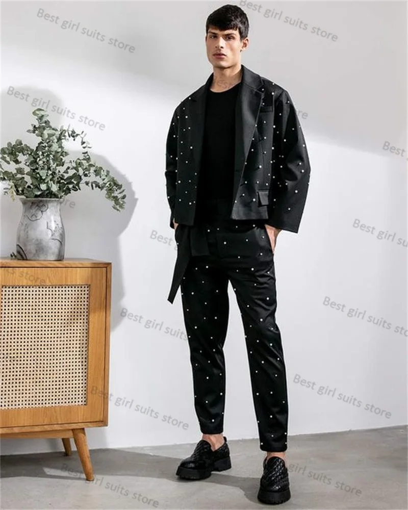 

Pearls Men's Suit Pants Set Black Wedding Tuxedo Formal Business Best Man 2 Piece Blazer Coat+Trousers Tailored Made Jacket