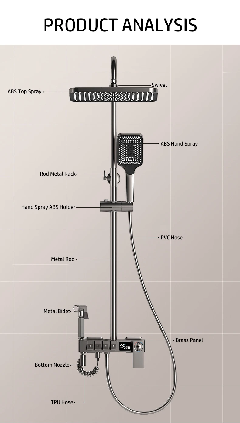Description Picture 5 of itemLED Digital Rain Shower Faucet Bathroom Hot Cold Thermostatic Mixer Shower System Bathtub Wall Mount SPA Rainfall Piano Faucets