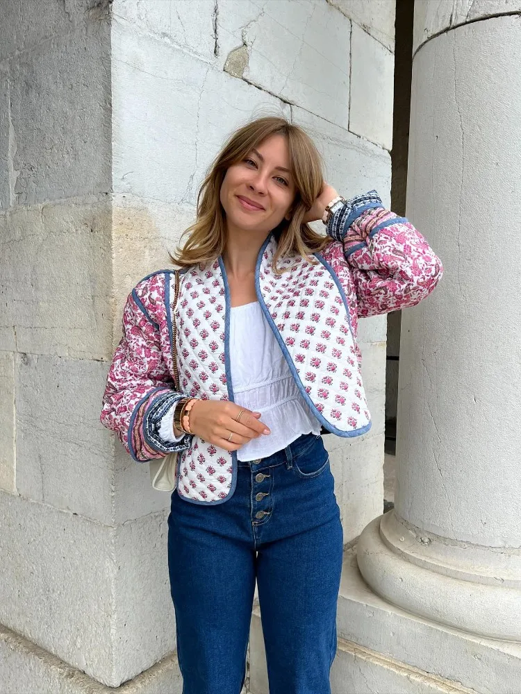 Women Printed Flower Quilted Reversible Cotton Coat Long Sleeve Open Front Two In One Jackets Autumn Vintage Street Outerwear
