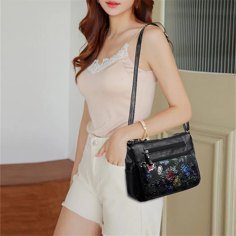 Chic Flower Pattern Pu Leather Crossbody Bag with Multi Layer Zipper Pouch Shoulder Bag for Women Work Travel Parties Daily Use