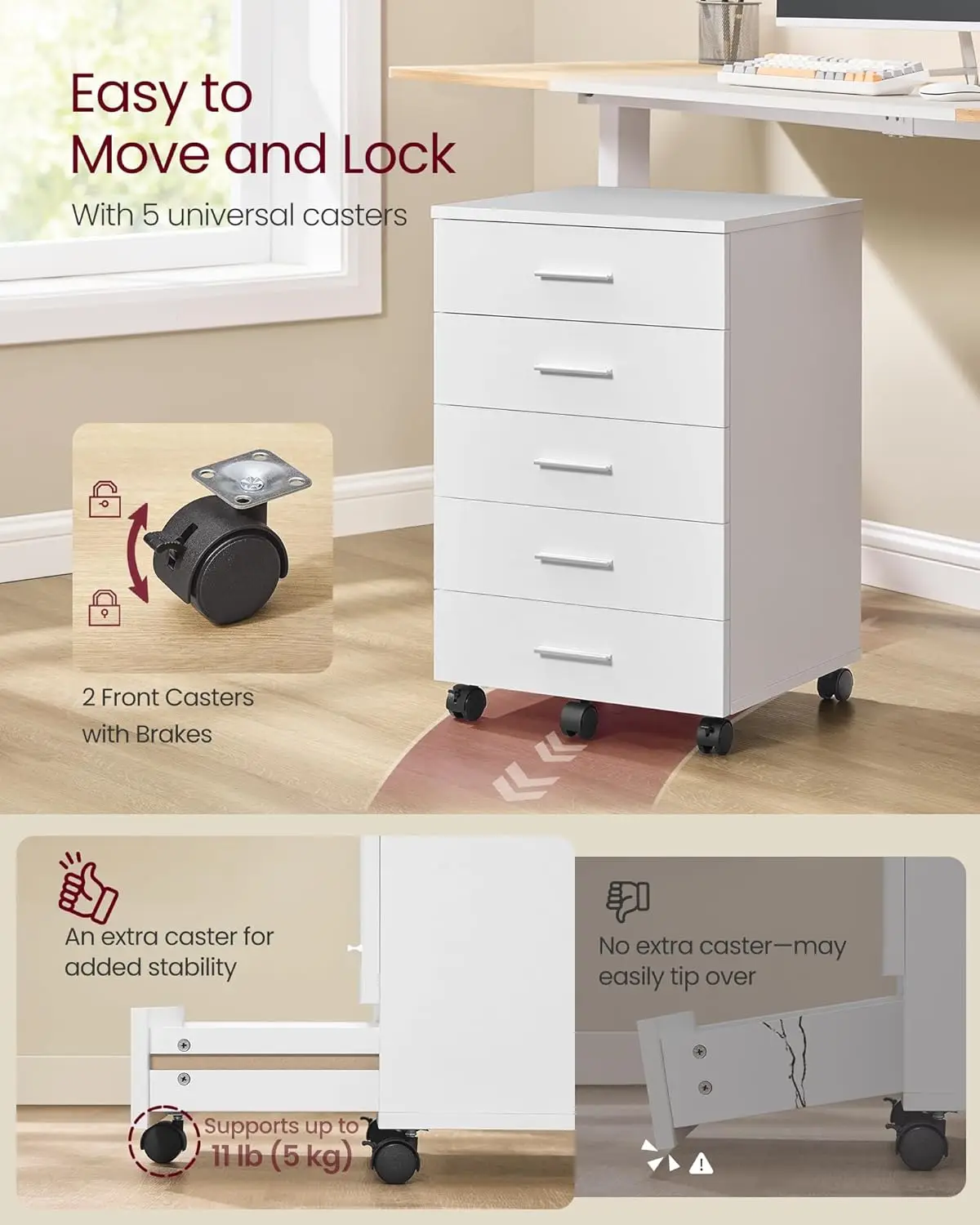 File Cabinet, Mobile Pedestal Filing Cabinet with Wheels, Printer Stand with 5 Drawers, Tool-Free Sliding Rails