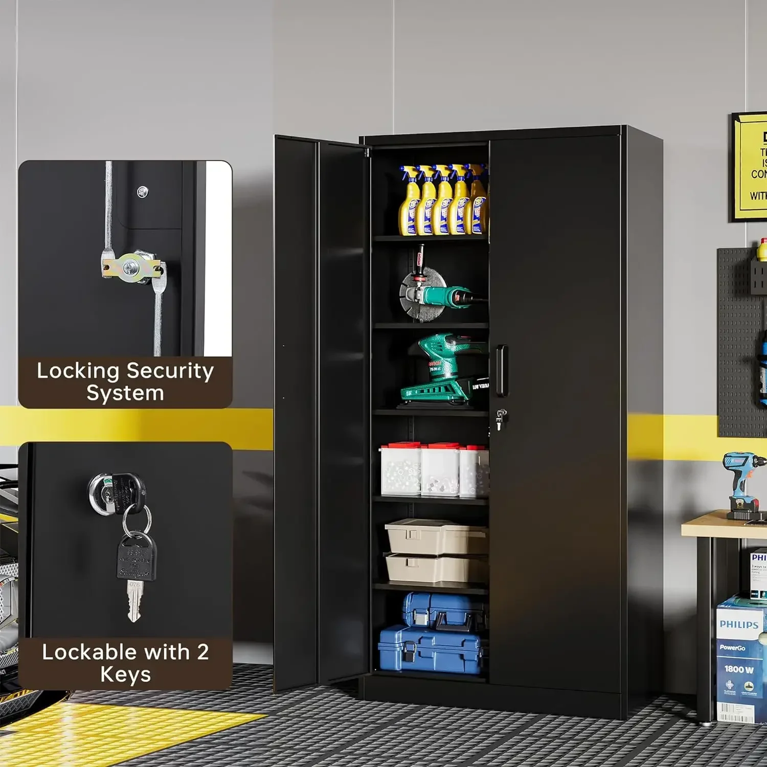 

Metal Garage Storage Cabinet,with 2 Doors and 5 Adjustable Shelves,Steel Utility Tool Cabinet ,Lockable File Cabinet