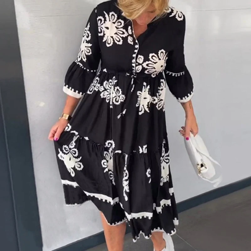 

Women O Neck Buttons Pleated Party Dress Spring Pattern Print Waist Drawstring Vintage Dress Autumn 3/4 Sleeve Office Lady Dress