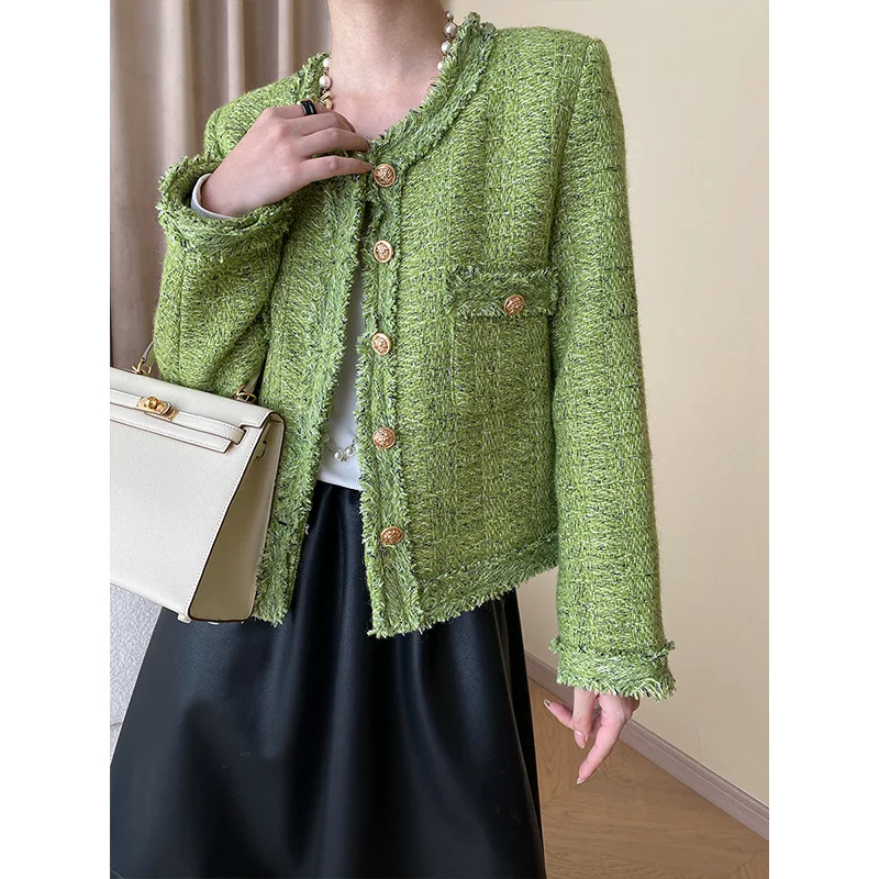 White Green Office Short Coat Autumn Winter Small Fragrance Tassel Woven O Neck Loose Casual Korean Fashion Chic Tweed Jackets fashion korean chic short coat autumn women small fragrance simple basic casual loose woven french v neck tassel tweed coat 1706