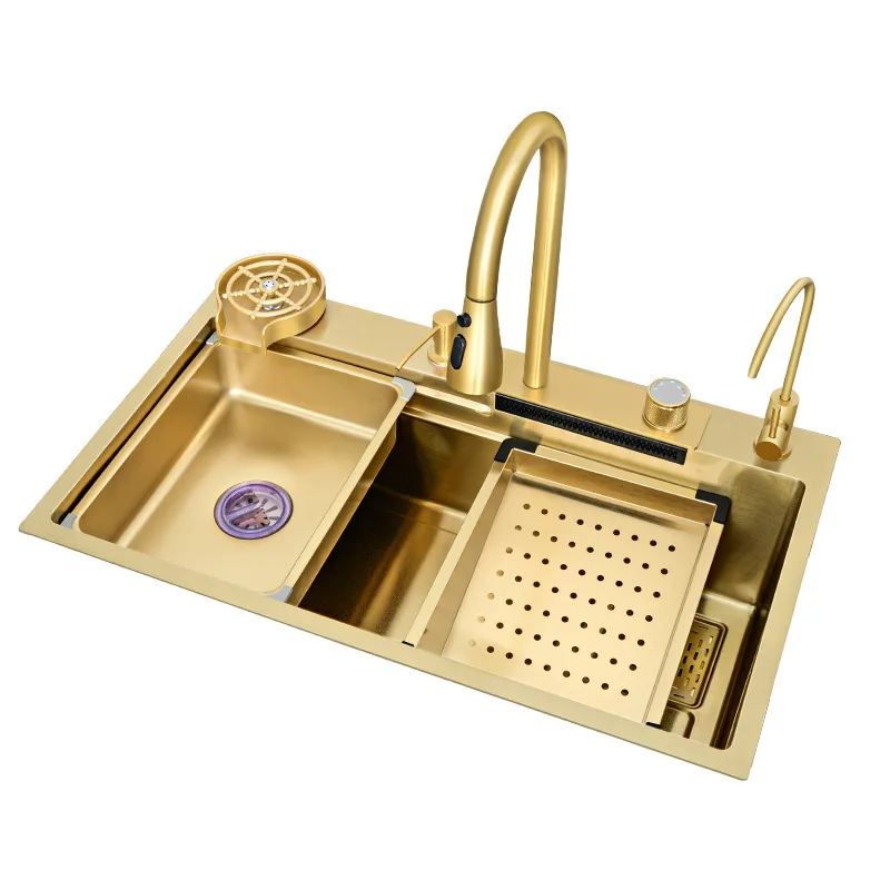 304 Stainless Steel Kitchen Sink with Nano Scratch-Resistant Gold Color Waterfall Rain Shower Large Single Sink Vegetable