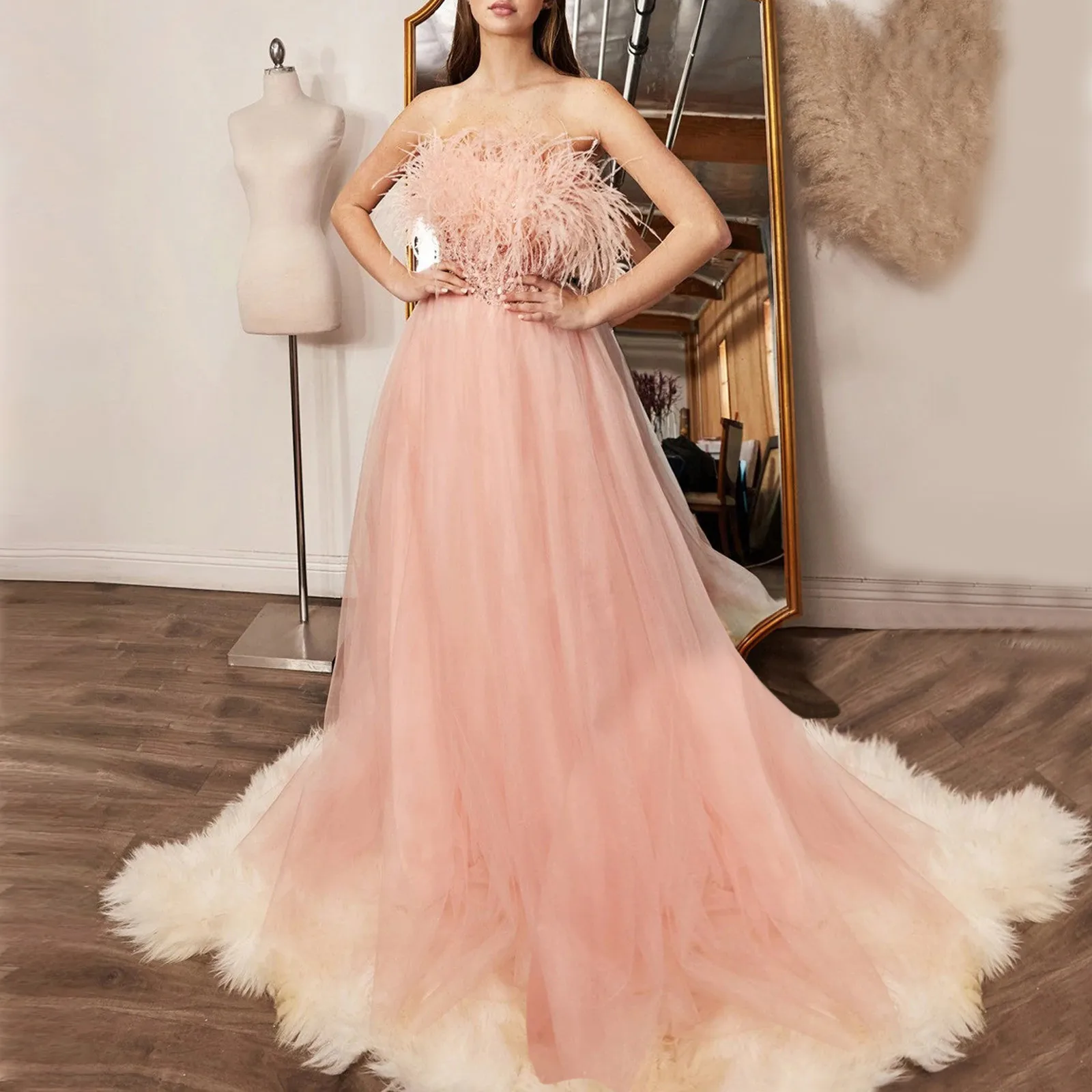 

Women's Formal Dresses Vintage Pure Color Strapless Sleeveless Feather A-Line Pink Dress Elegant Floor Length Birthday Dress