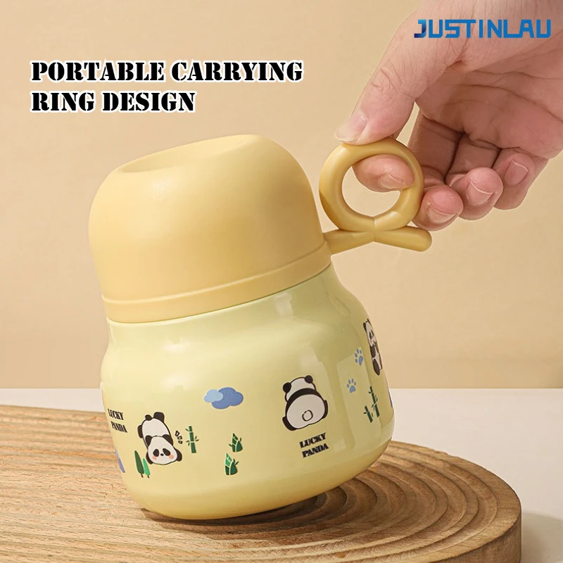 JUSTINLAU 500ML 귀여운 팬더 절연 도시락 상자 316 스테인레스 스틸 + 식품 등급 PP 밀봉 그릇 뚜껑 (숟가락 포함) 캠핑 휴대용
