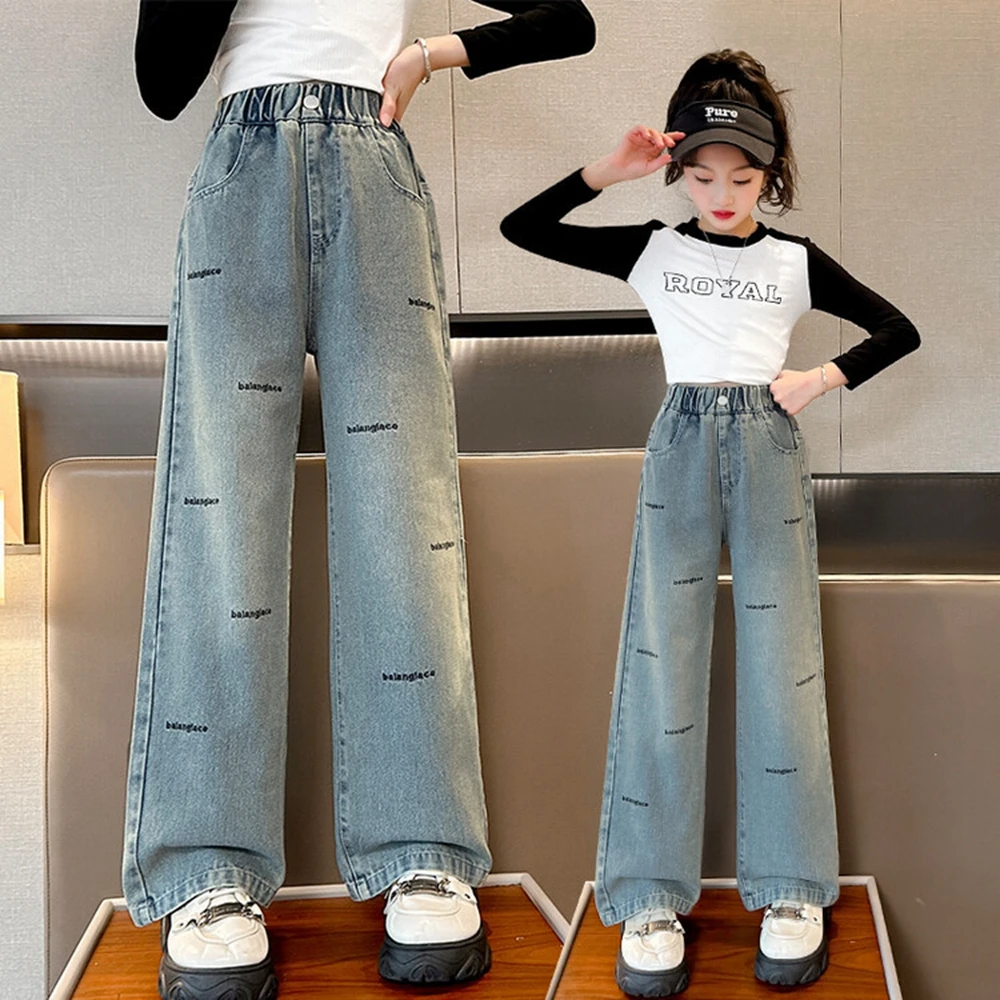 

Girls Fashion Letter Design Jeans Spring Fall New Childrens Wide Leg Pants Versatile Straight leg Pants Suitable for 4T-14T Tide