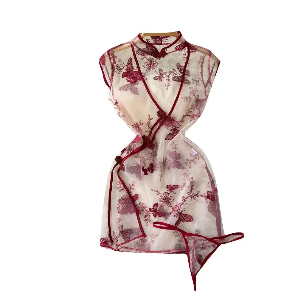 See Through Sexy Lace Qi Pao Lady's Bodycon Short Dress 2025 New Women's Secret Clothing Erotic Lingerie Sexy Pajama Sleep Dress