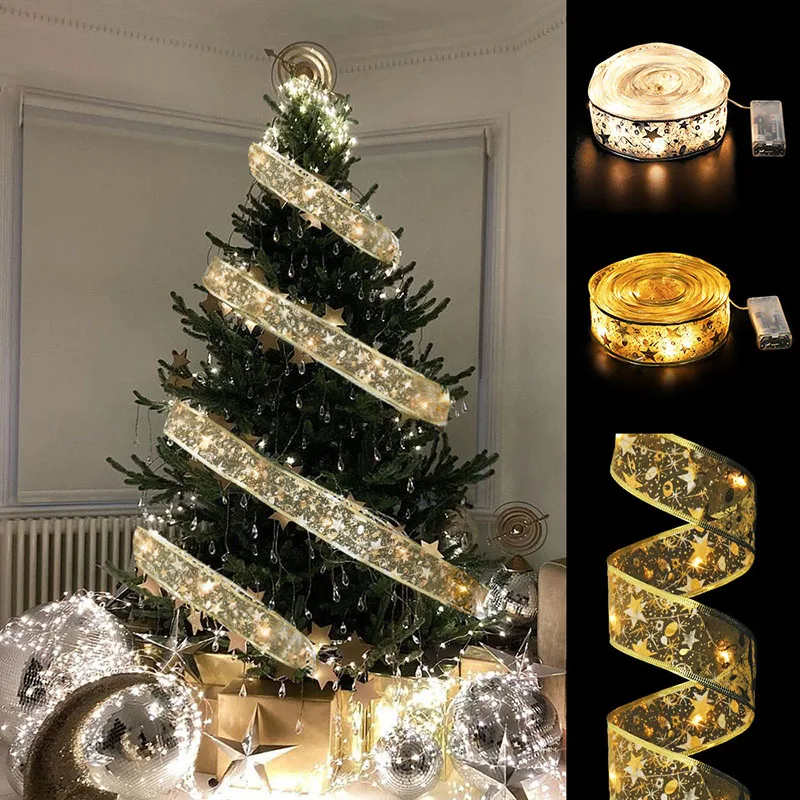 

1M/2M/5M Christmas Decorations LED Ribbon Light Xmas Tree Ornaments For Home Bows String Lights Noel Navidad New Year Gift Decor