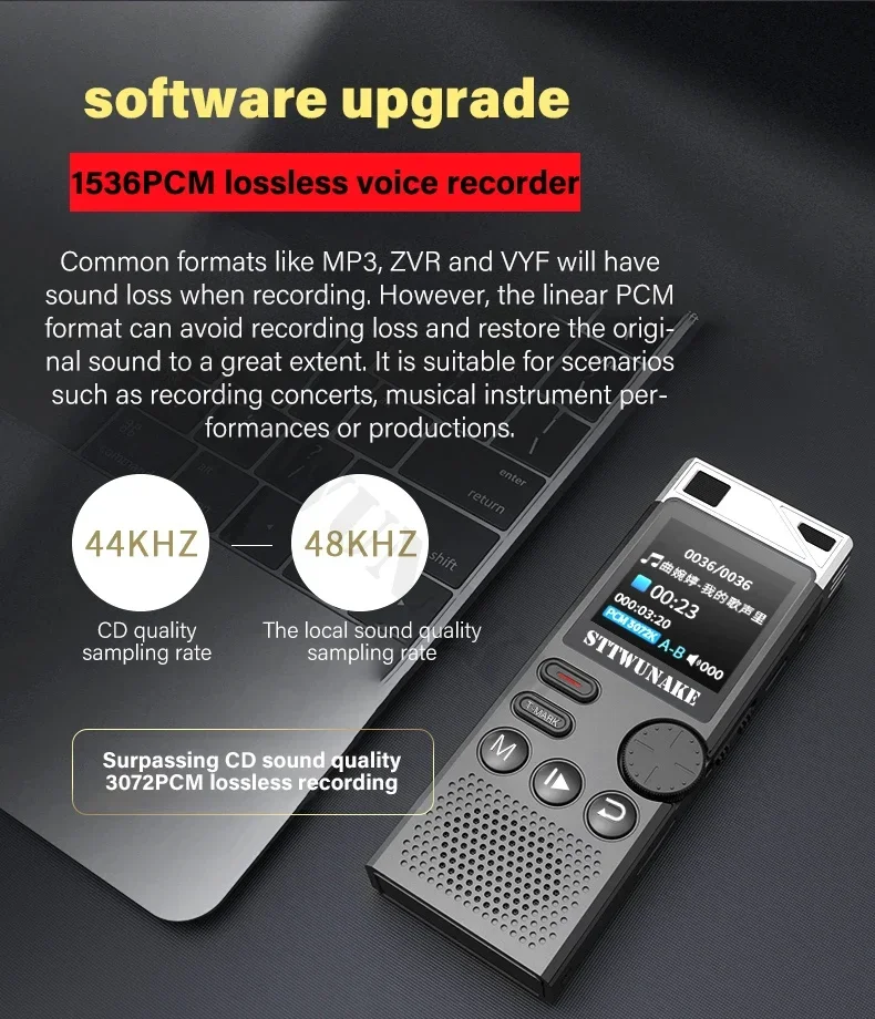 Zaslon koji ističe PCM formate snimanja