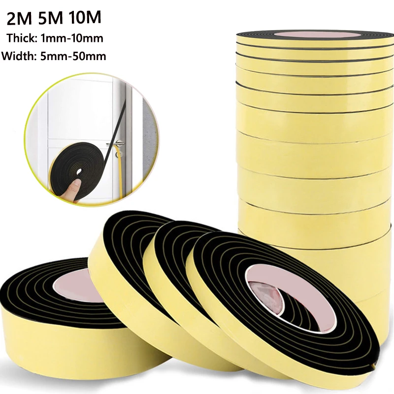 1m-10m Rubber Self Adhesive Sponge Seal Strip EVA Black Foam Strong Single-sided Adhesive Soundproof Anti-collision Seal Gasket