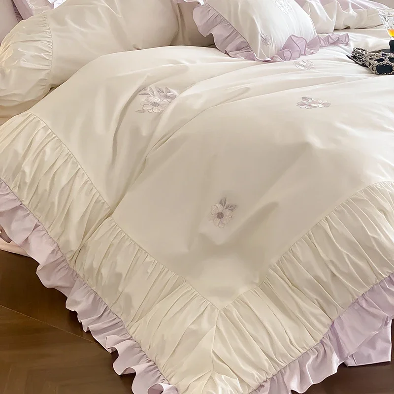 Delicate Flowers Embroidery Princess Bedding Set 1000TC Egyptian Cotton Duvet Cover Flat Fitted Sheet Pillowcases - King Size