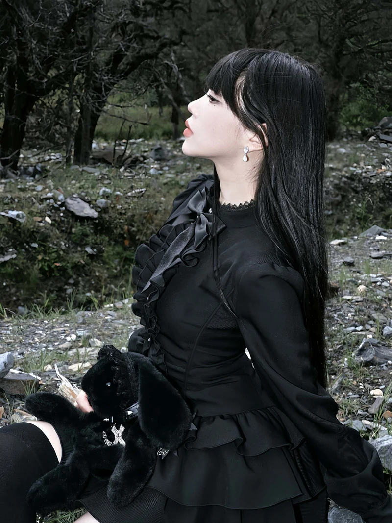 Y2K Lolita Dress - Gothic Mini Patchwork Lace Vintage Black Ruffle Slim Fit