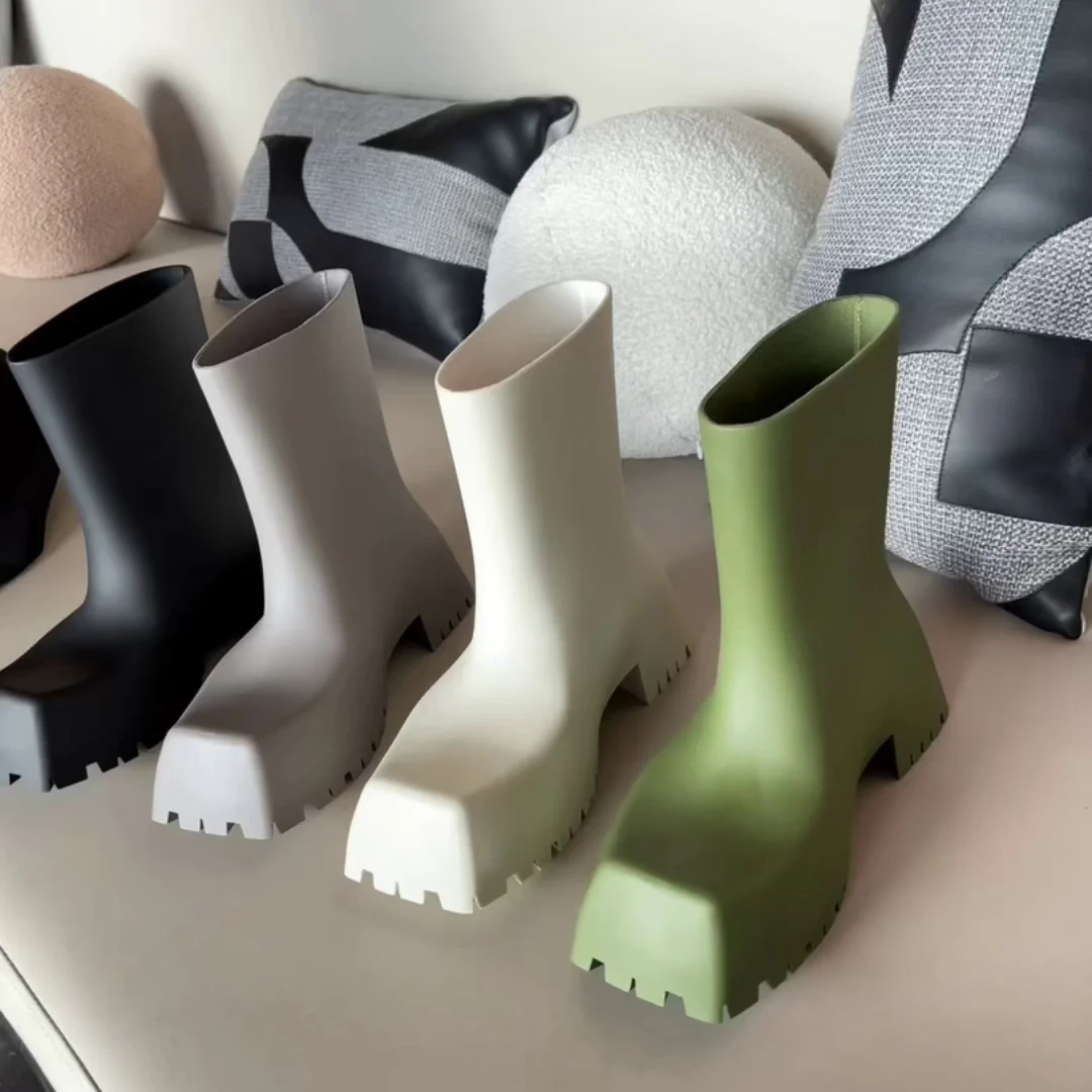

Unisex Square Head Short Rain Boots Ankle High Botas Mujer Invierno Fall Women Shoes Fashion Thick Bottom Botte Femme