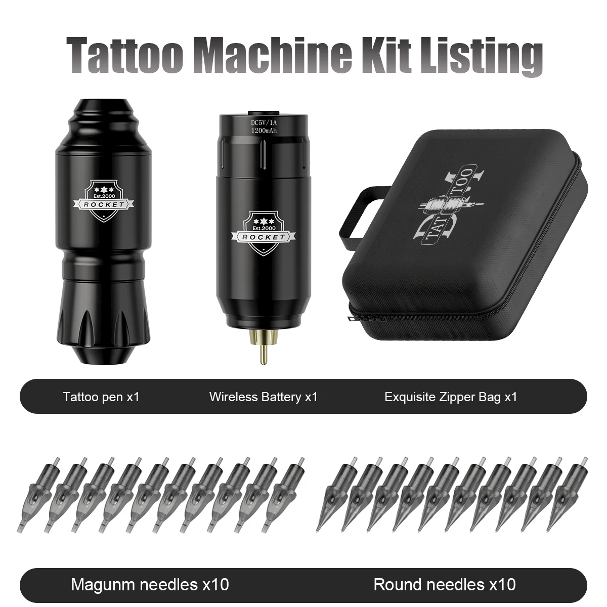 1 set, DM Wireless Tattoo Kit, Complete Mini Rocket Battery With 20Pcs Tattoo Carrier Needles For Tattoo Beginners