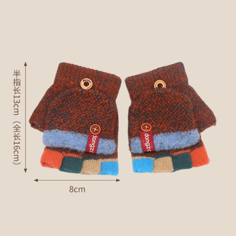 New Half Finger Flip Kids Gloves Jacquard Color Matching Autumn Winter Warm Gloves for Children Student Writing Baby Gloves