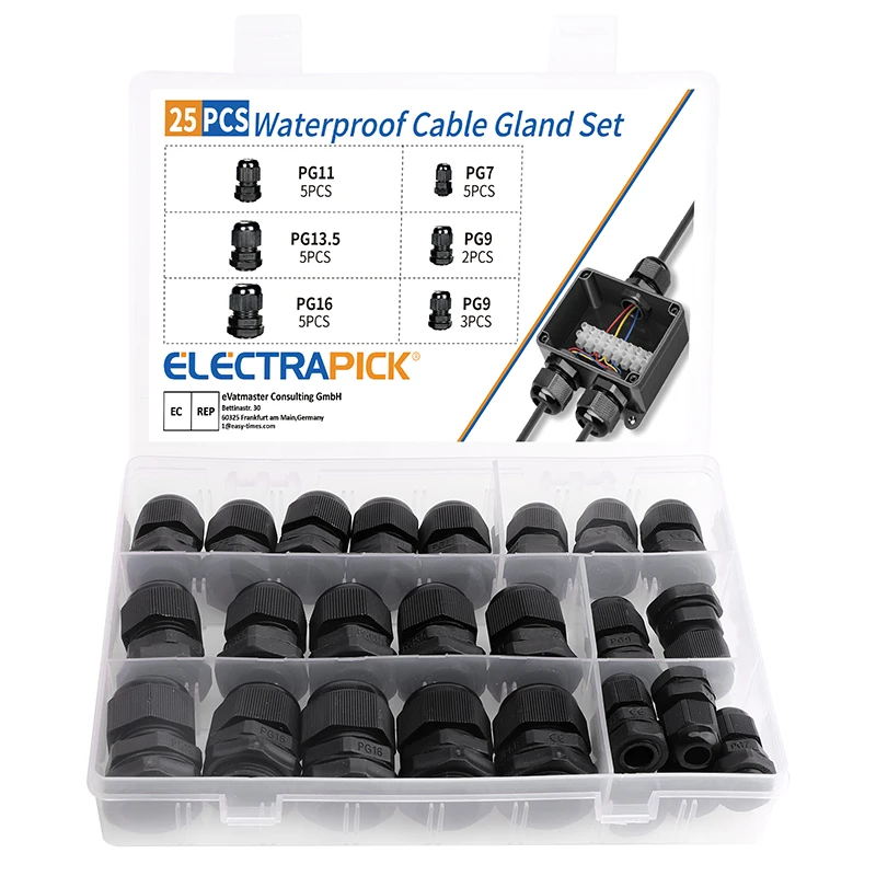 ELECTRAPICK 25pcs Waterproof Cable Gland Nylon Joints Plastic Black Cable Glands Connector PG7 PG9 PG11 PG13.5 PG16