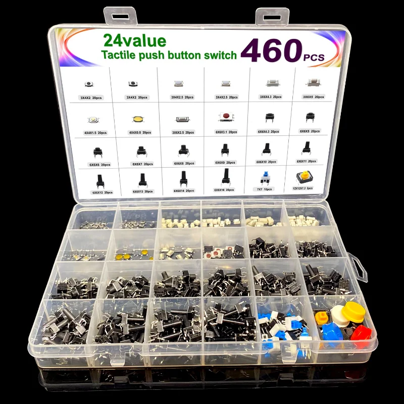 

460pcs 24 Values Tactile Push Button Switch Kit SMD Micro Momentary Tact Switch Assortment for Car Remote Control with Box