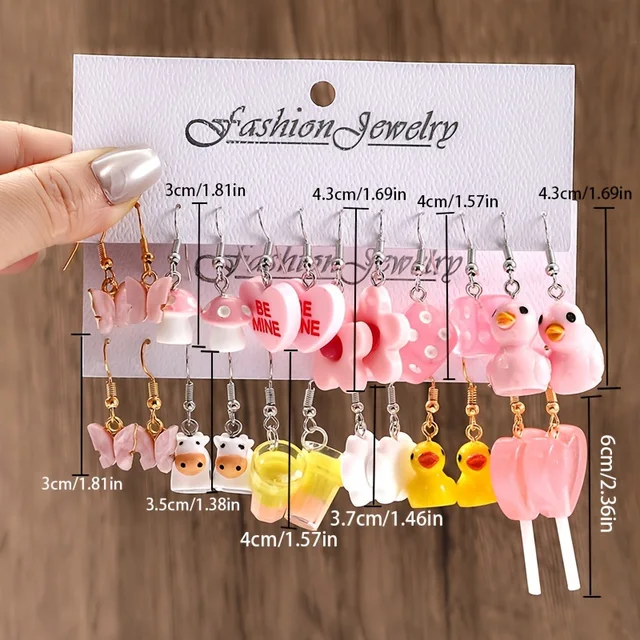 12 Pairs/ Set Cute Cartoon Series Dangle Earrings Duck Dice DuckMushroom Butterfly Cow Design Ear Jewelry Female Gift 2