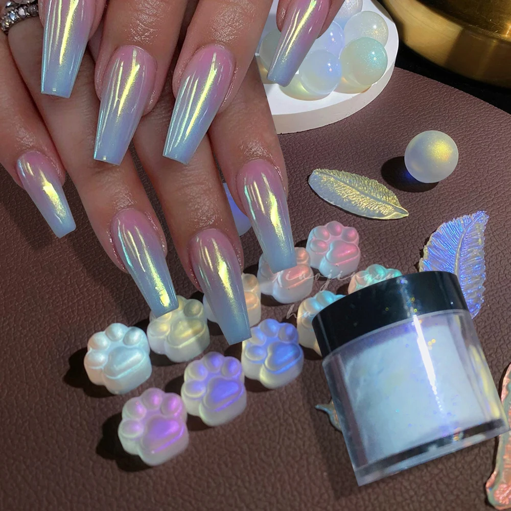 1 Bottiglia Aurora Mermaid Nail Powder Neon Color Pearls Design Nail Glitter Shiny Mermaid Nail Dust Per Ragazze White-Ice Chrome Pow