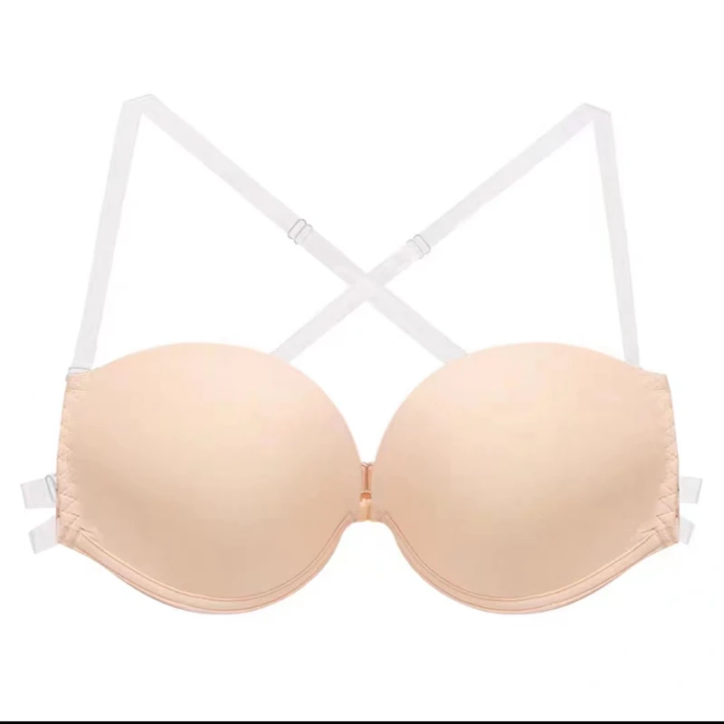 Backless Front Closure Push Up Bra Sexy Lingerie Invisible Women Bare Back Wedding Underwear with Multiway Transparent Straps