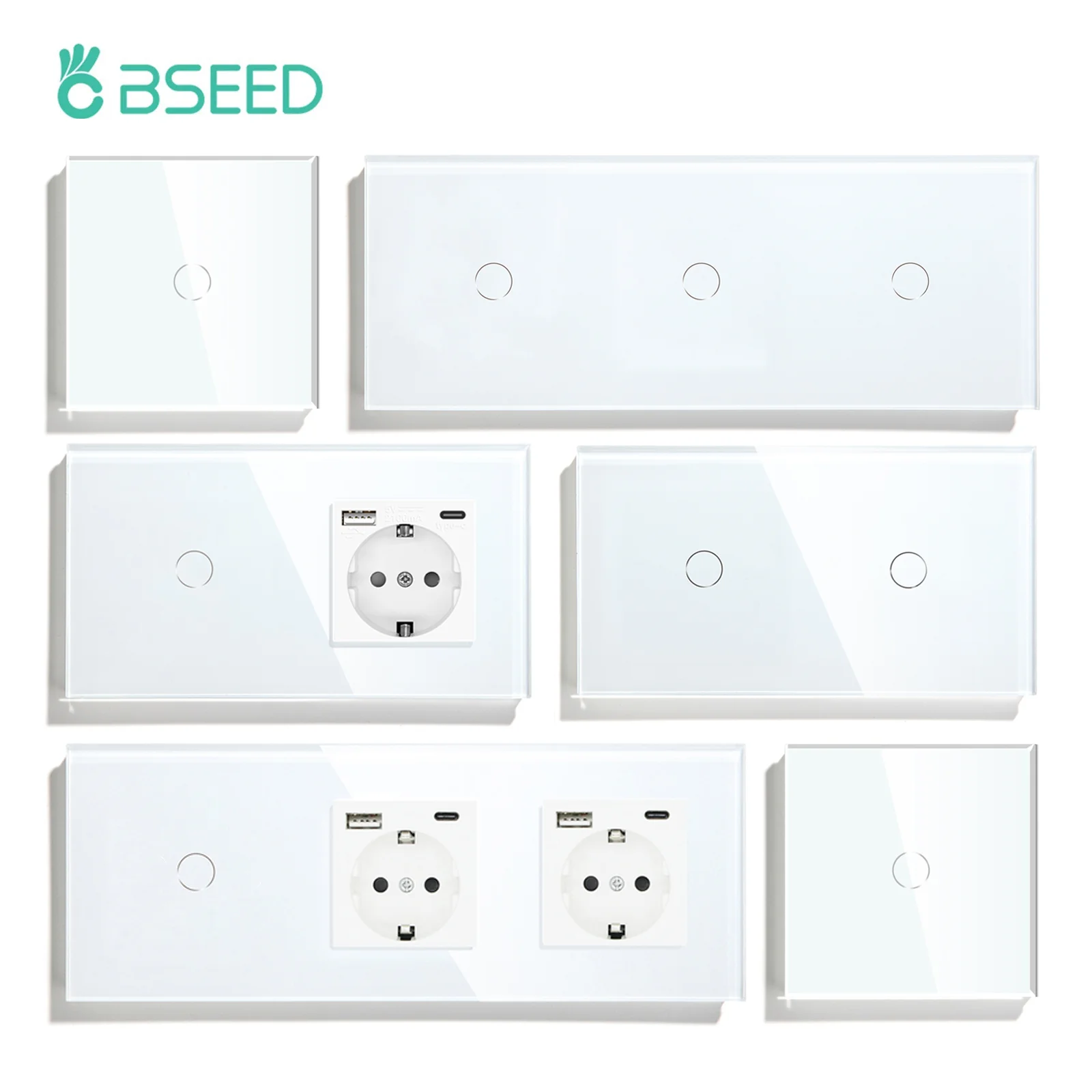 BSEED 1/2/3Gang สวิทช์สัมผัส 1Way สวิทช์ไฟ EU Wall SOCKET USB Type-C ซ็อกเก็ตไฟฟ้าแผงกระจก Blue Backlight 1