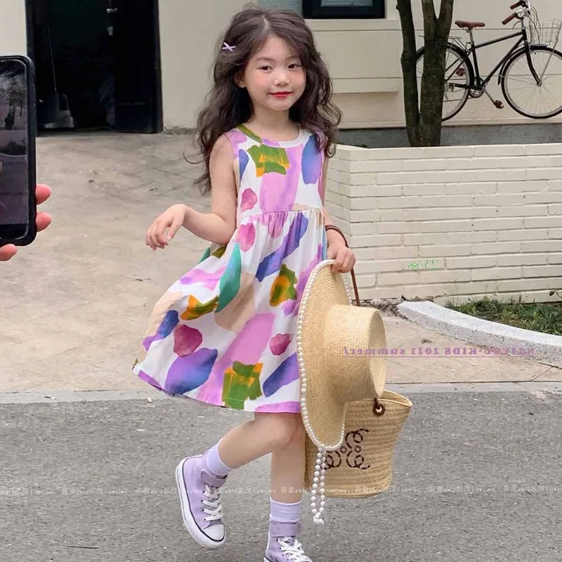 

2024 Korean Summer Kids Girl Dress Sleeveless Floral Junior Teenage Girl Sundress 3-7 Years Children Elementary Girl Dress