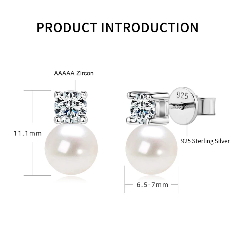 AINUOSHI 925 Sterling Silver Ladies Ear Stud 8-9mm White Shell Beads & 3.5mm Zircon Earrings for Women Fashion Jewelry Gift 2