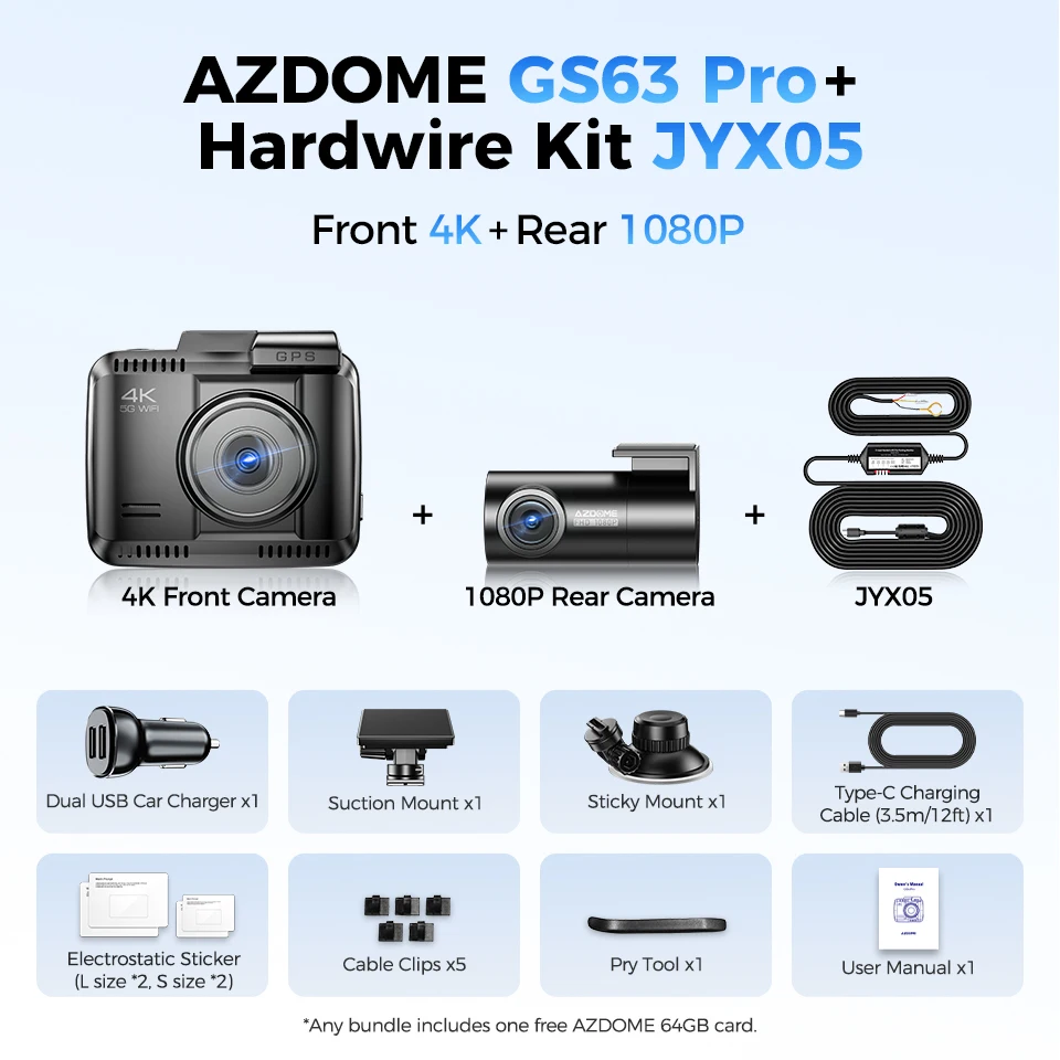 داش كام كاميرتين | أمامي بدقة 4K وخلفي FHD وذاكرة...