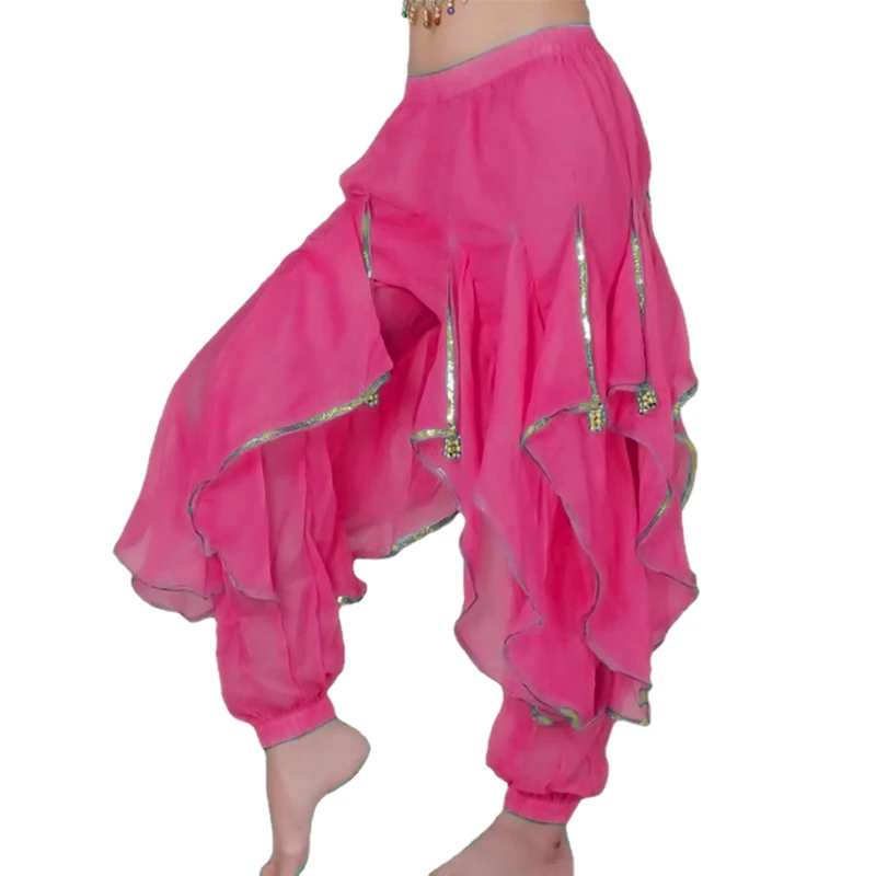 Women's Belly Dance Harem Pants Costume Coins Lantern Pants with Gold Trim Arabic Halloween Trousers Practice Chiffon Bloomers