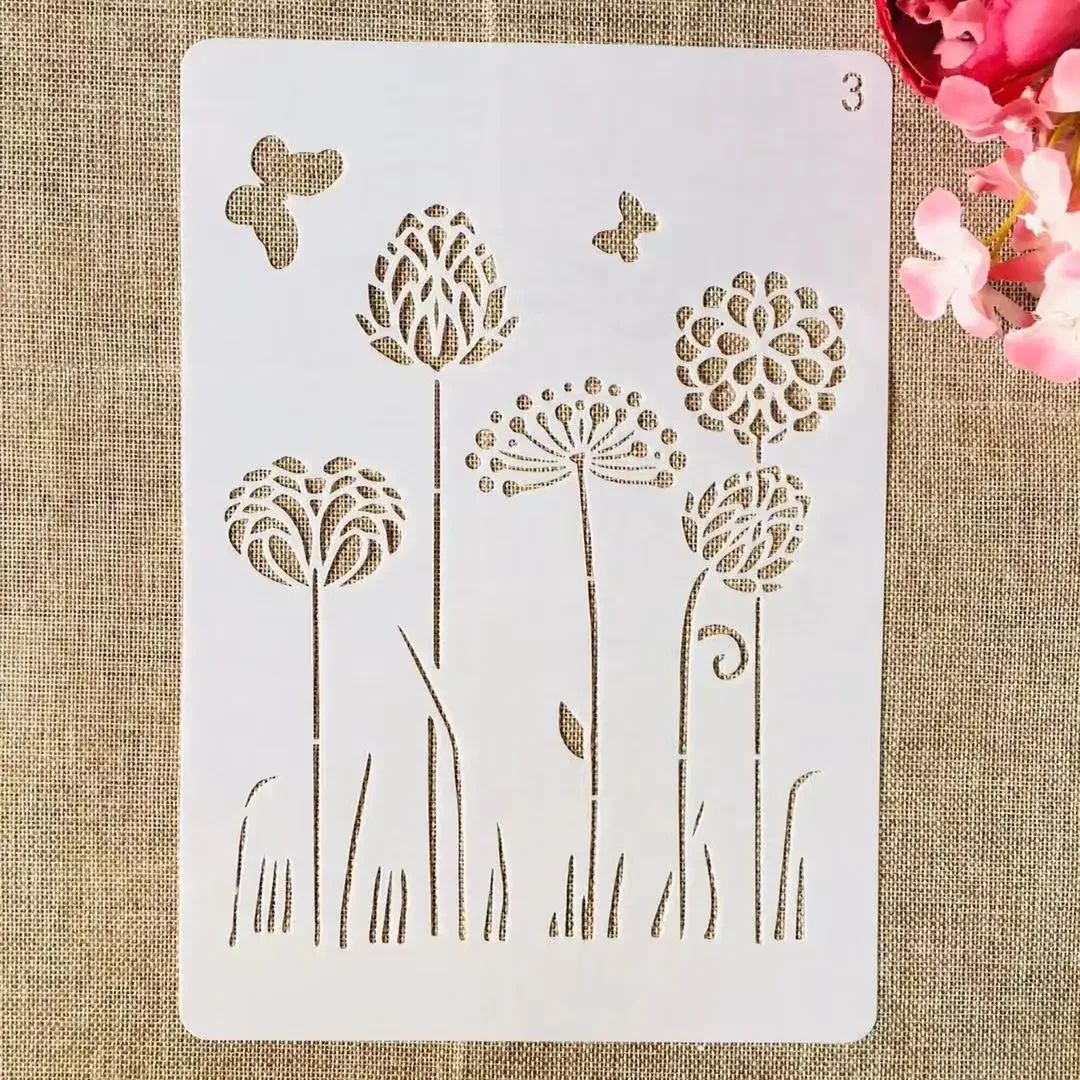 4Pcs A4 29cm Dandelion Flowers Lines DIY Layering Stencils Painting Scrapbook Coloring Embossing Album Decorative Template